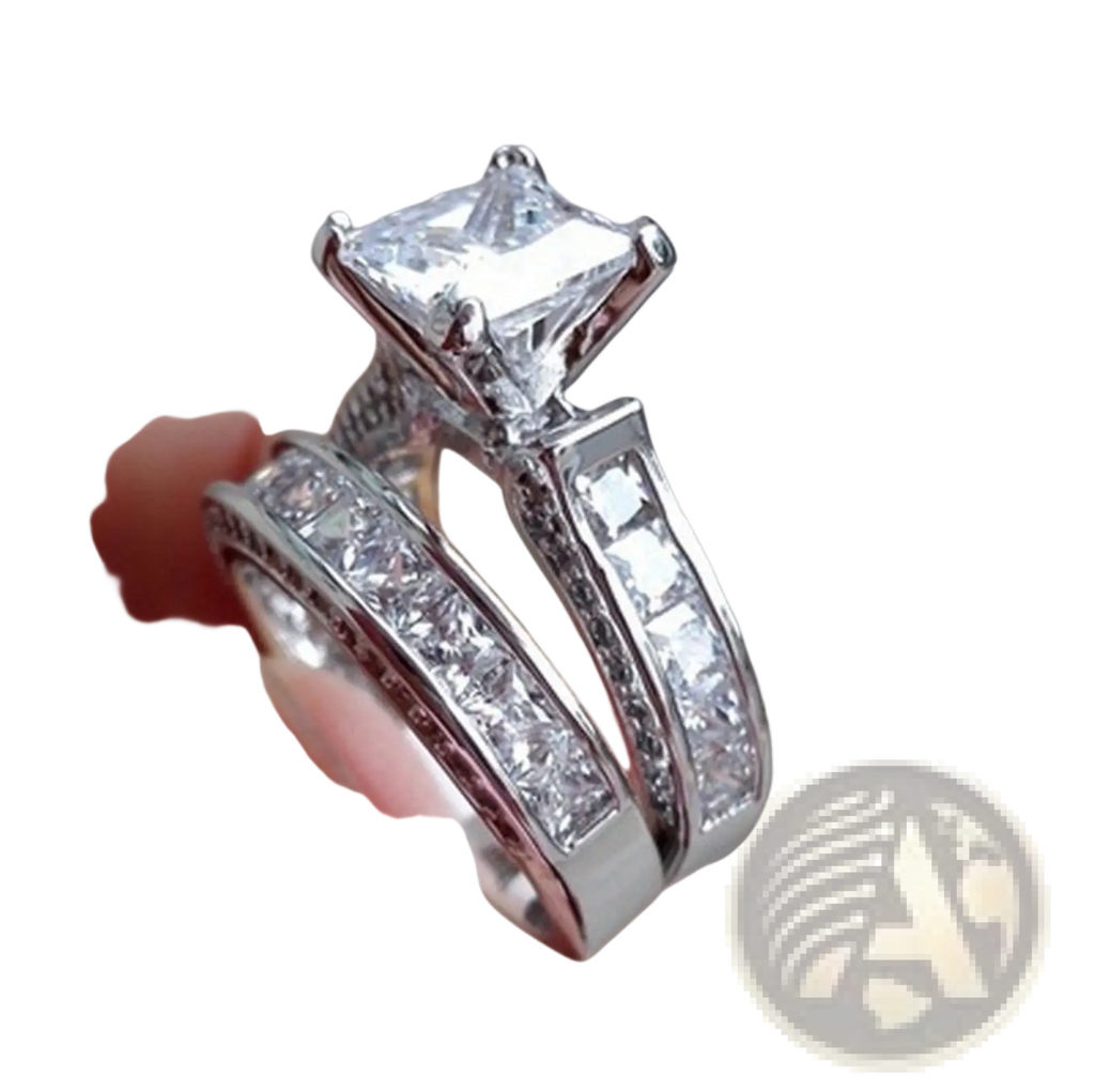Princess Cut Cz Silver Couple Anniversary Ring Set