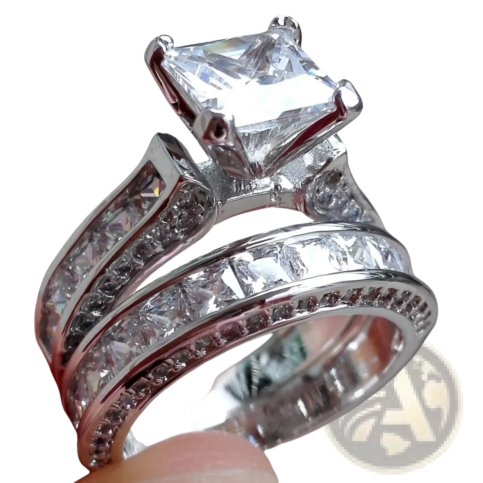 Princess Cut Cz Silver Couple Anniversary Ring Set